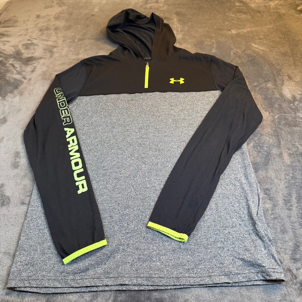 Under Armour Heatgear Kids YXL Quarter Zip Hoodie Loose Fit Black Gray‎